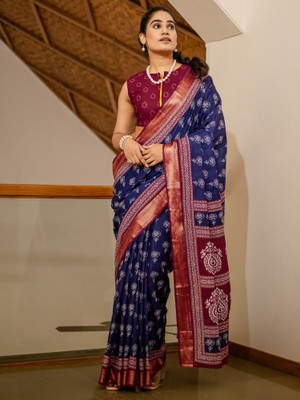 Divastri Printed Daily Wear Cotton Blend Saree(Dark Blue)