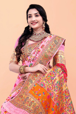 Wovenza Self Design, Woven Bollywood Cotton Blend, Semi-Pashmina Saree(Pink)