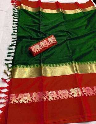 Fab Silk Solid/Plain Banarasi Cotton Silk Saree(Dark Green)