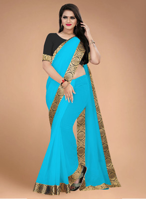 Volmina Solid/Plain, Woven Chanderi Cotton Blend Saree(Light Blue)