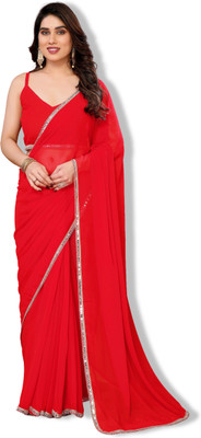 LOROFY Solid/Plain Bollywood Georgette Saree(Red)