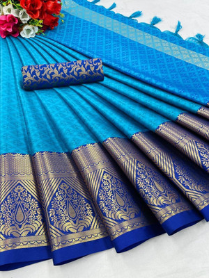 AVANTIKA FASHION Printed Banarasi Art Silk, Cotton Silk Saree(Blue)