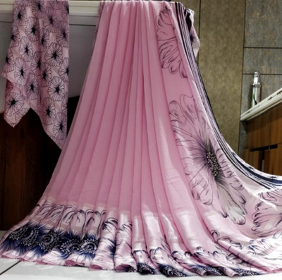 Bombey Velvat Fab Printed, Solid/Plain Lucknow Chikankari Mulmul, Chiffon Saree(Pink)