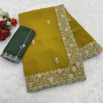 LAJEELEE Embroidered Bollywood Chiffon Saree(Yellow)