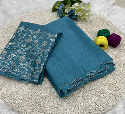 Julee Solid/Plain Bollywood Chiffon Saree(Light Blue)