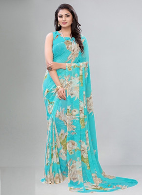 KISSAH Printed Bollywood Georgette Saree(Blue)