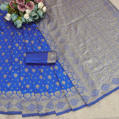 Aura silk Woven, Floral Print, Geometric Print Banarasi Jacquard Saree(Blue)
