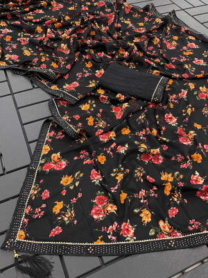 HouseOfCommon Floral Print Bollywood Georgette Saree(Black)