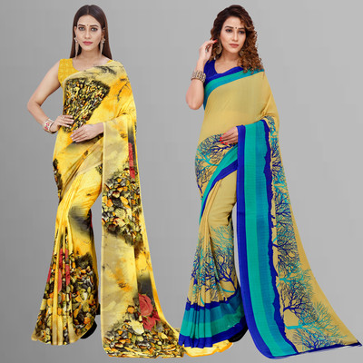 kashvi sarees Ombre, Floral Print Daily Wear Georgette Saree(Pack of 2, Yellow, Multicolor)