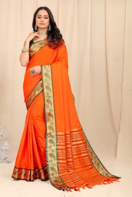 FABFIZA Paisley, Self Design Banarasi Cotton Silk, Cotton Blend Saree(Orange)