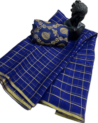 Stylish Sarees Checkered, Woven Daily Wear Chiffon, Organza Saree(Dark Blue)