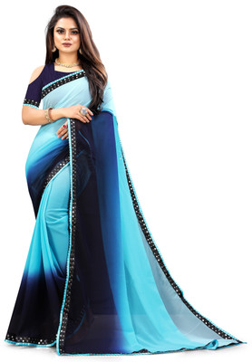 Fashion Files Color Block Bollywood Georgette, Art Silk Saree(Light Blue)