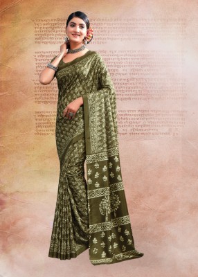 Jaanvi Fashion Printed Daily Wear Cotton Silk Saree(Green)