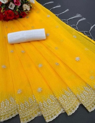 RinivaCreation Embroidered Banarasi Supernet Saree(Yellow)