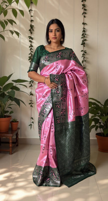 VEERACOLLECTION Printed Banarasi Jacquard Saree(Pink)