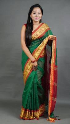 ANU INDIAN FASHION Woven, Temple Border Handloom Cotton Silk Saree(Green)