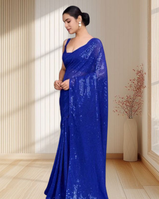 Jayu Digital Print, Dyed, Embroidered, Printed, Self Design, Striped Bollywood Georgette Saree(Blue)