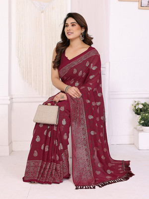 ANOUK Printed Saree with Attached Blouse Georgette Saree(Maroon)