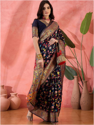 Wovenza Self Design, Woven Bollywood Cotton Blend, Semi-Pashmina Saree(Black)