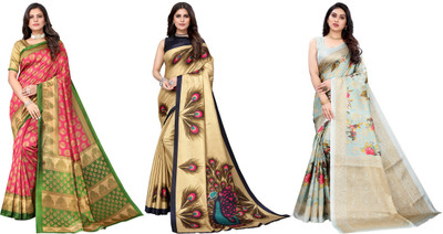 Nirvaan Printed Kasavu Art Silk Saree(Pack of 3, Pink, Gold, Light Blue)