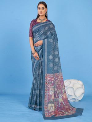 Anouk Rustic Printed Daily Wear Linen Saree(Blue)