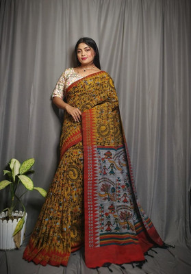SARATHITEXTILE Hand Painted Handloom Cotton Blend Saree(Yellow)