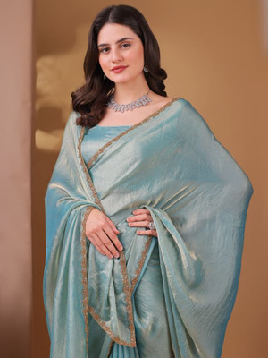 valida Solid/Plain Bollywood Tissue, Pure Silk Saree(Light Blue)