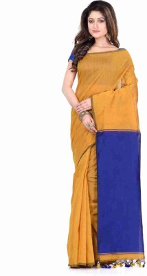 Sandhyatara Solid/Plain Handloom Cotton Silk Saree(Yellow, Blue)