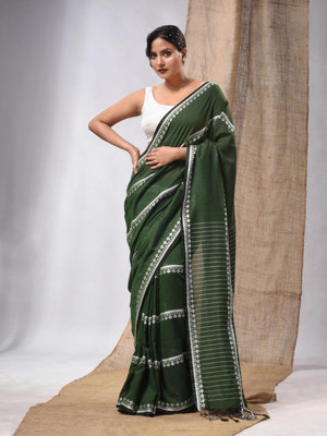 Maa laxmi saree center Embroidered Tant Pure Cotton Saree(Green)