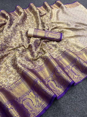 KanjiQueen Woven Kanjivaram Silk Blend Saree(Purple, Gold)
