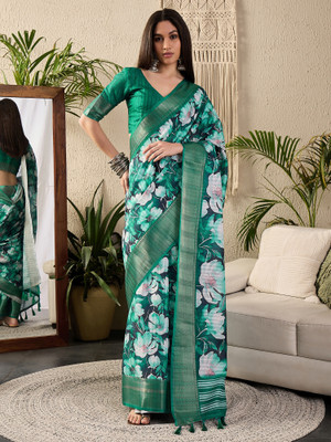 Sareemall Digital Print Chinnalapattu Cotton Blend Saree(Green)
