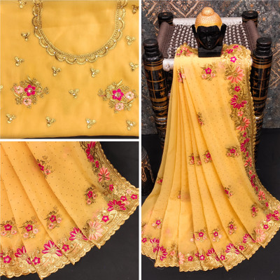 KHRITI FAB Embroidered, Floral Print Bollywood Georgette Saree(Yellow)