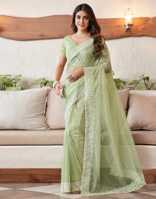 Divastri Dyed, Embroidered Bollywood Organza Saree(Green, White)