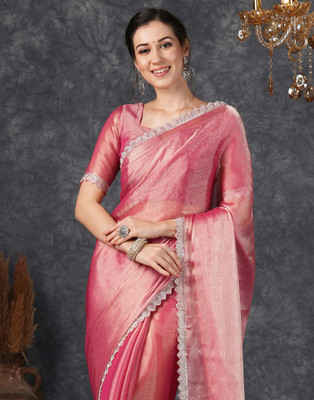 Samah Dyed, Embellished Bollywood Jimmy choo, Chiffon Saree(Pink)