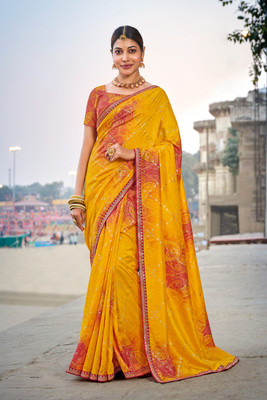 Laxmipati sarees Printed Bollywood Silk Blend Saree(Mustard)