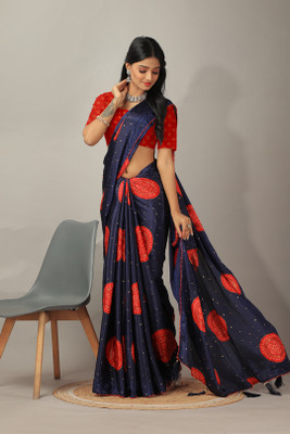 distro Polka Print Bandhani Crepe Saree(Dark Blue)