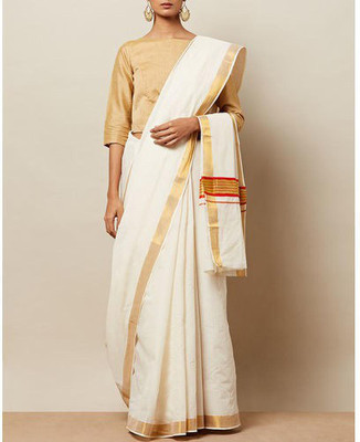 Creative weaves Solid/Plain Kasavu Handloom Cotton Blend Saree(White)