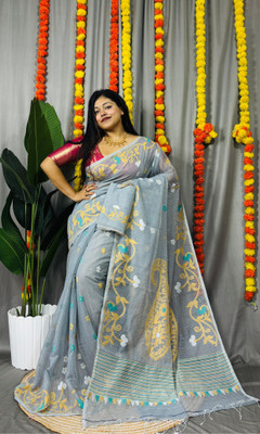 Pasum's Self Design, Embroidered, Woven, Floral Print Jamdani Cotton Silk Saree(Grey, Yellow)