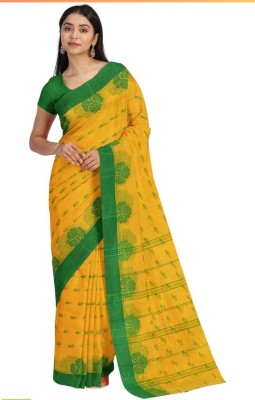 bipashasaree Self Design Handloom Cotton Blend Saree(Yellow, Green)