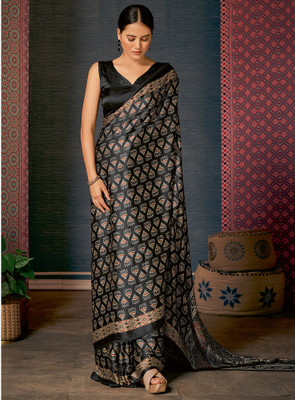 Tasrika Digital Print Hand Batik Crepe Saree(Black)