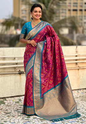 REENAA'S Woven, Geometric Print, Floral Print Banarasi Art Silk Saree(Pink, Blue)