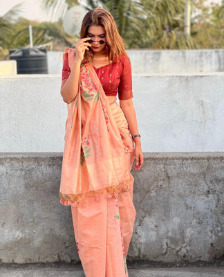 Tasrika Woven Banarasi Cotton Silk Saree(Orange)