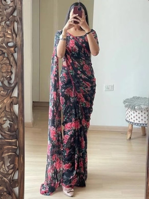 Bluebirdimpex Floral Print Daily Wear Georgette Saree(Black)
