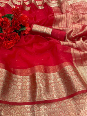 movaliya brothers Printed Banarasi Organza Saree(Red)