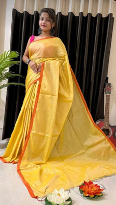 BiswasTextiles Self Design Tant Pure Cotton Saree(Yellow)