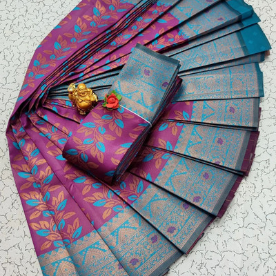 VASTUKALA Woven Kanjivaram Pure Silk, Art Silk Saree(Purple, Blue)