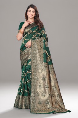 SuperLaxmi Woven, Temple Border Kanjivaram Pure Silk, Silk Blend Saree(Dark Green)