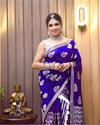 VIHA CREATION Printed Mekhela Chador Cotton Blend Saree(Blue)