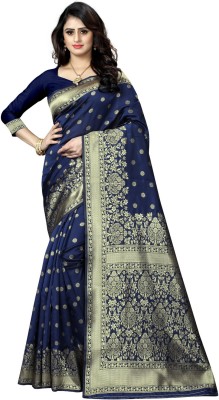 Nirvaan Woven, Printed, Self Design Banarasi Cotton Silk, Jacquard Saree(Blue)