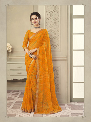 JustEthnic Geometric Print Bandhani Chiffon Saree(Yellow)